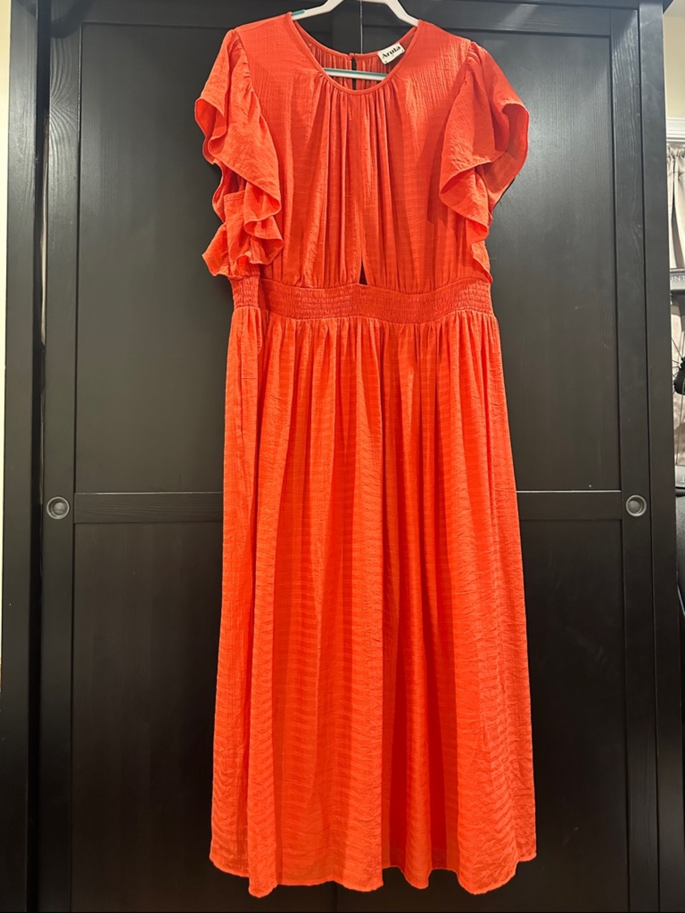 ARULA Vibrant Coral Maxi Dress with Ruffle Sleeves